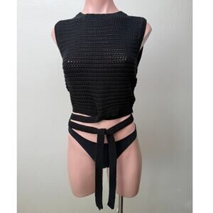 Et Clet Black Crochet Open Knit Wrap Tie Crop Sweater Vest L